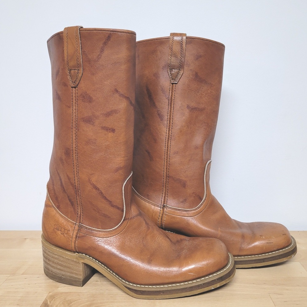 Dingo Western Boots Mens 9.5 D Tan Faux Leather Vintage Pull On Work 7282 USA